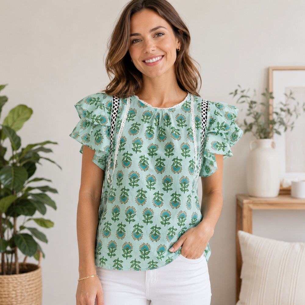 Joie Women’s Small Green Floral Cotton Blouse Flutter Sleeve Crochet Trim Boho